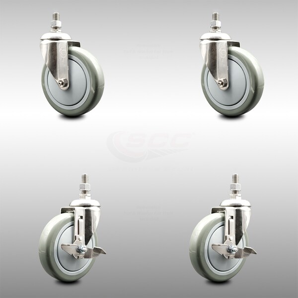 Service Caster 5 Inch 316SS Gray Polyurethane Swivel 1/2 Inch Threaded Stem Caster Brakes, 2PK SCC-SS316TS20S514-PPUB-121315-2-TLB2 - main